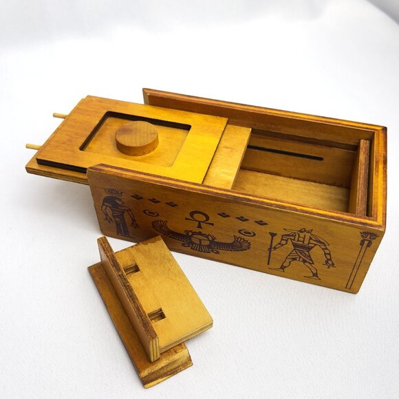 Egyptian Wooden Puzzle Box Scarab Ankh Symbols Secret Sliding Compartment 6"L - Picture 11 of 12